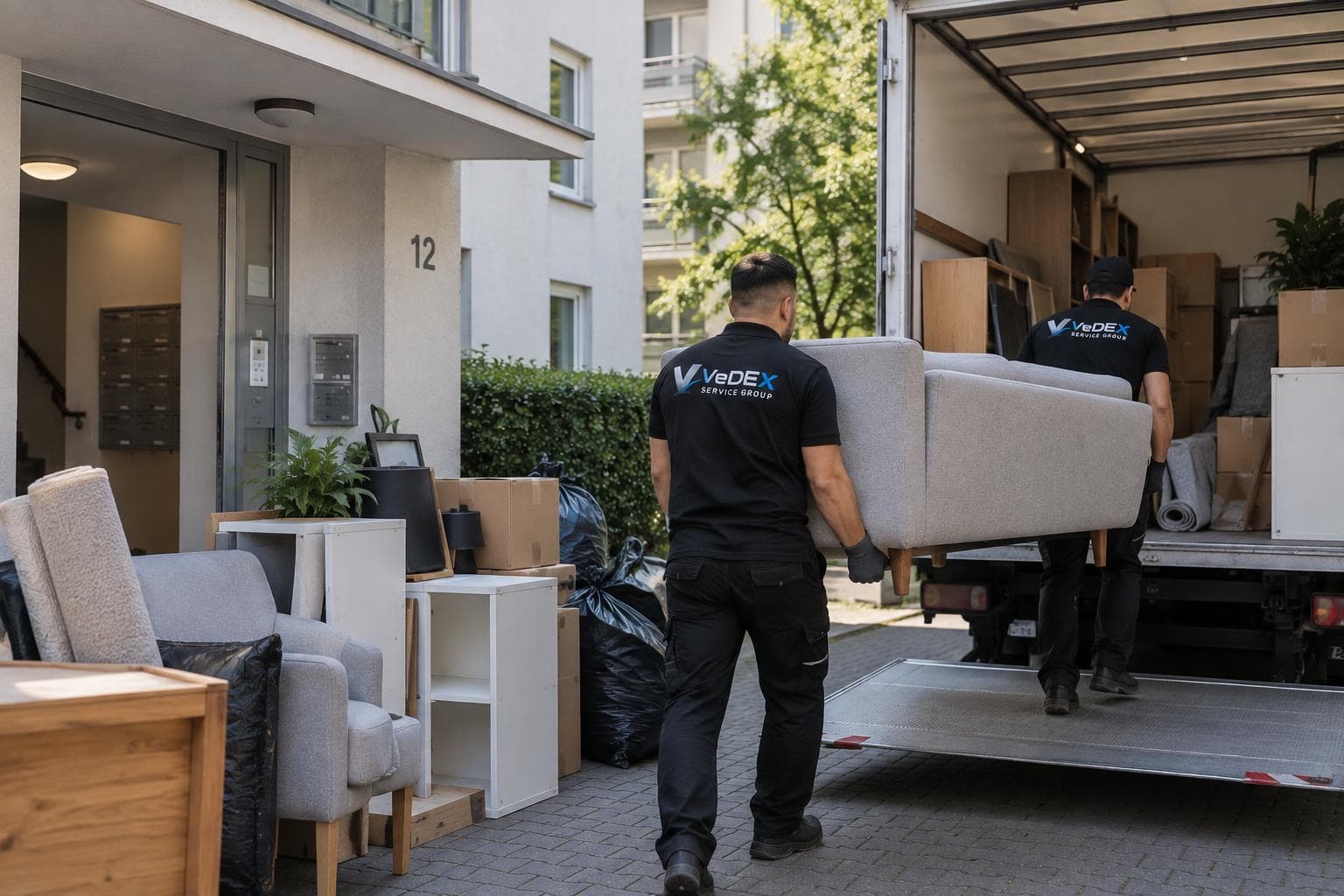 Mitarbeiter verladen Möbel aus einer geräumten Frankfurter Wohnung