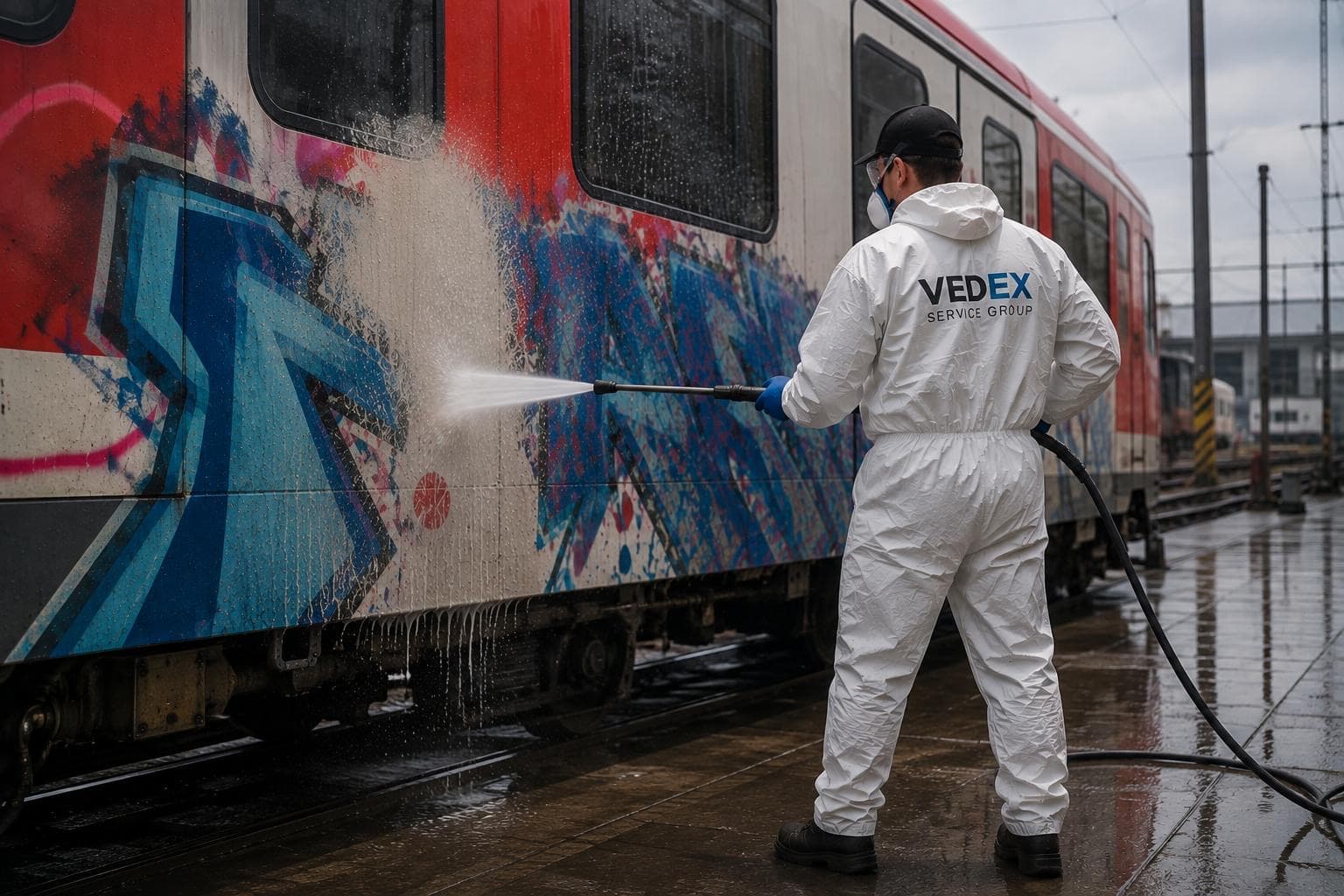 Graffiti wird mit dem Hochdruckreiniger von einem Schienenfahrzeug entfernt