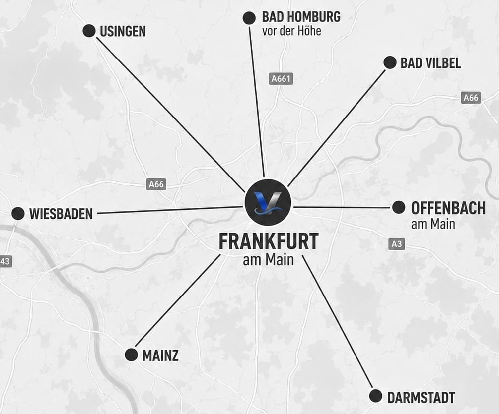 Karte des Rhein-Main-Gebiets mit dem Standort Frankfurt am Main im Mittelpunkt und den umliegenden Einsatzorten